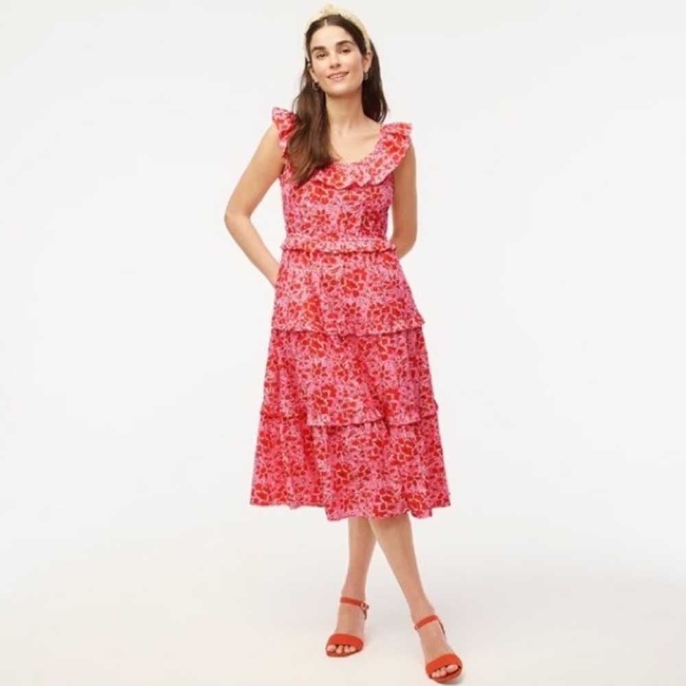 J.Crew Red Pink Floral Ruffle Tiered Midi Dress Cottagecore Size 6